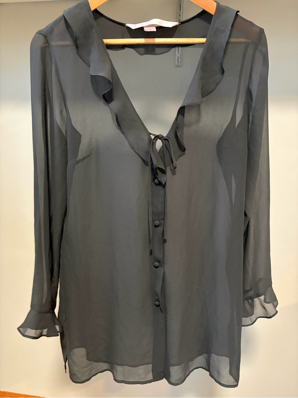 Victoria’s Secret Black Sheer Ruffle Blouse M Romantic Coquette Date Night